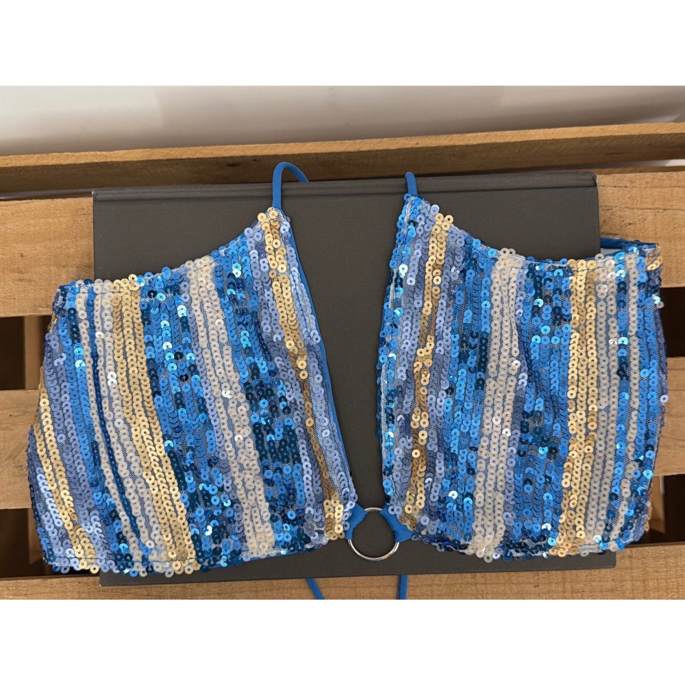Princess Polly Blue Gold Striped Sequin Crop Top O-Ring Lace Up Back Festival 4